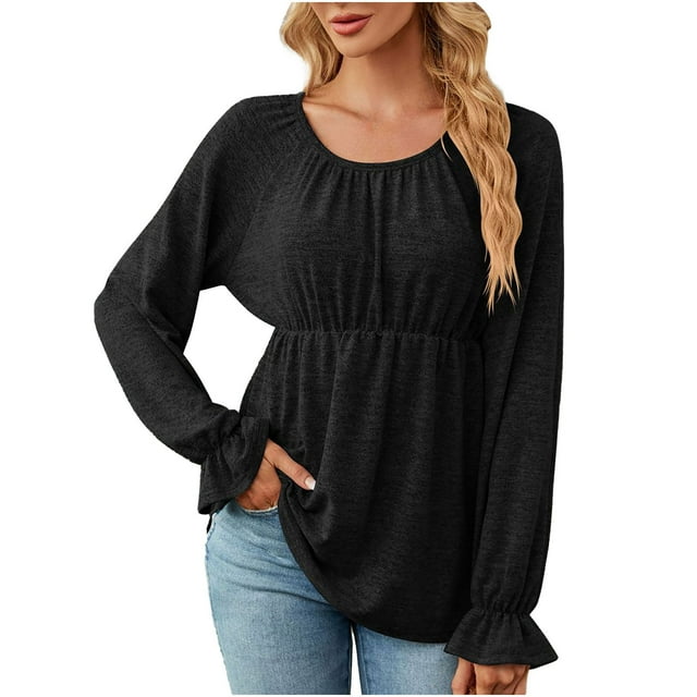 HKEJIAOI Polyester Womens Long Sleeve Tops Solid Crew Neck Going Out Tops for Women