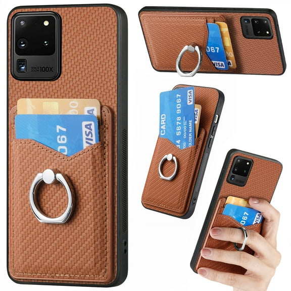 Carbon Fiber Patterned Case for Samsung S20 Ultra, Wallet case with [360°Rotation Ring Kickstand] Credit Card Holder,PU Leather Shockproof Cover Women Men for Samsung Galaxy S20 Ultra, Brown