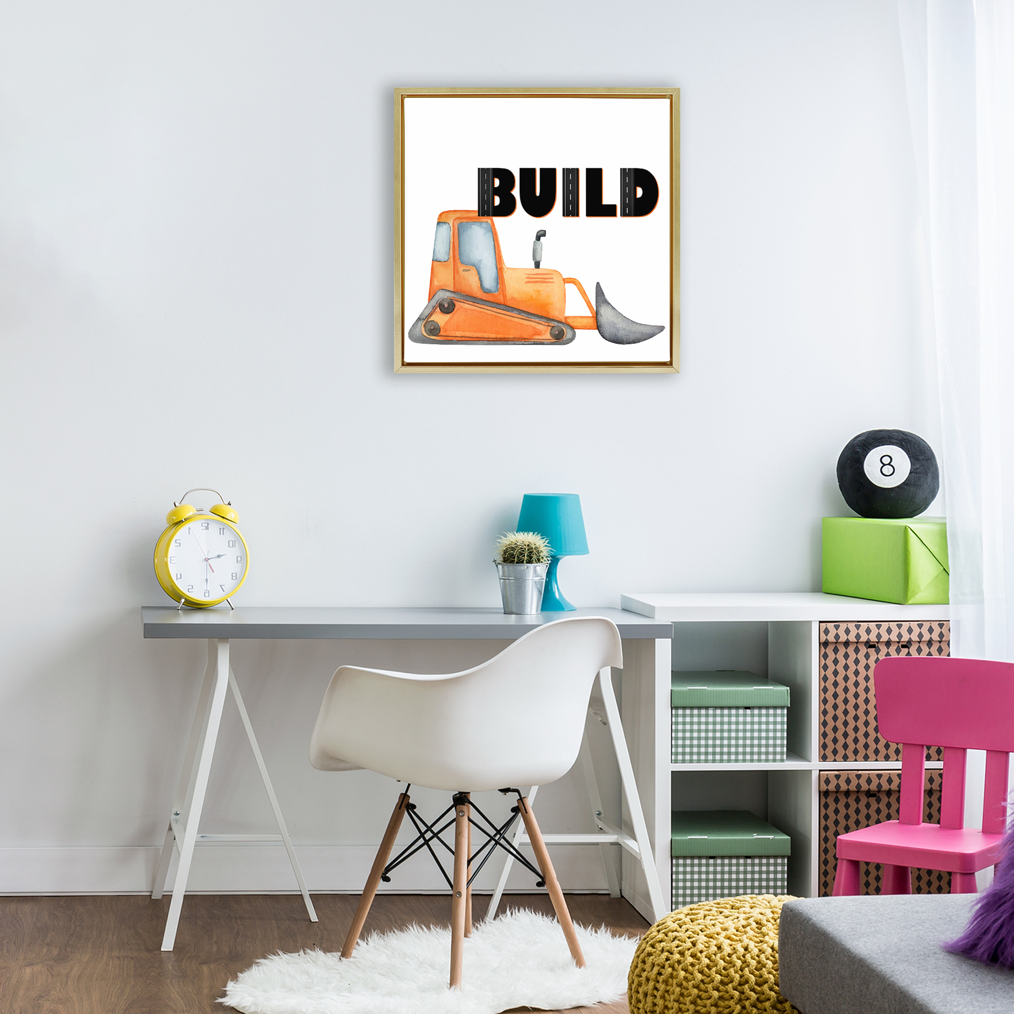 Build with Orange Bulldozer Gold Framed Floater Canvas Wall Art, design by Kim Allen