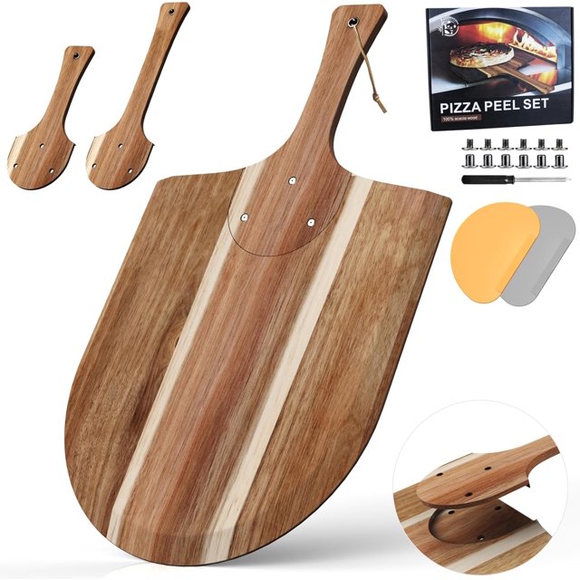 fafa-Pizza Peel, Pizza Paddle, Pizza Shovel, Pizza Peel for Pizza Stone with 2 Interchangeable Handles of Different Lengths for Easy Storage and 2 Multifunction Scrapers (12x14 Plate)