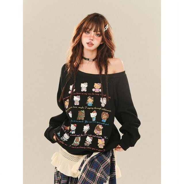 Sudadera con capucha de Hello Kitty estilo americano dulce y genial Y2k para mujer, suéteres kawaii holgados de principios de otoño, nueva moda, top informal y versátil