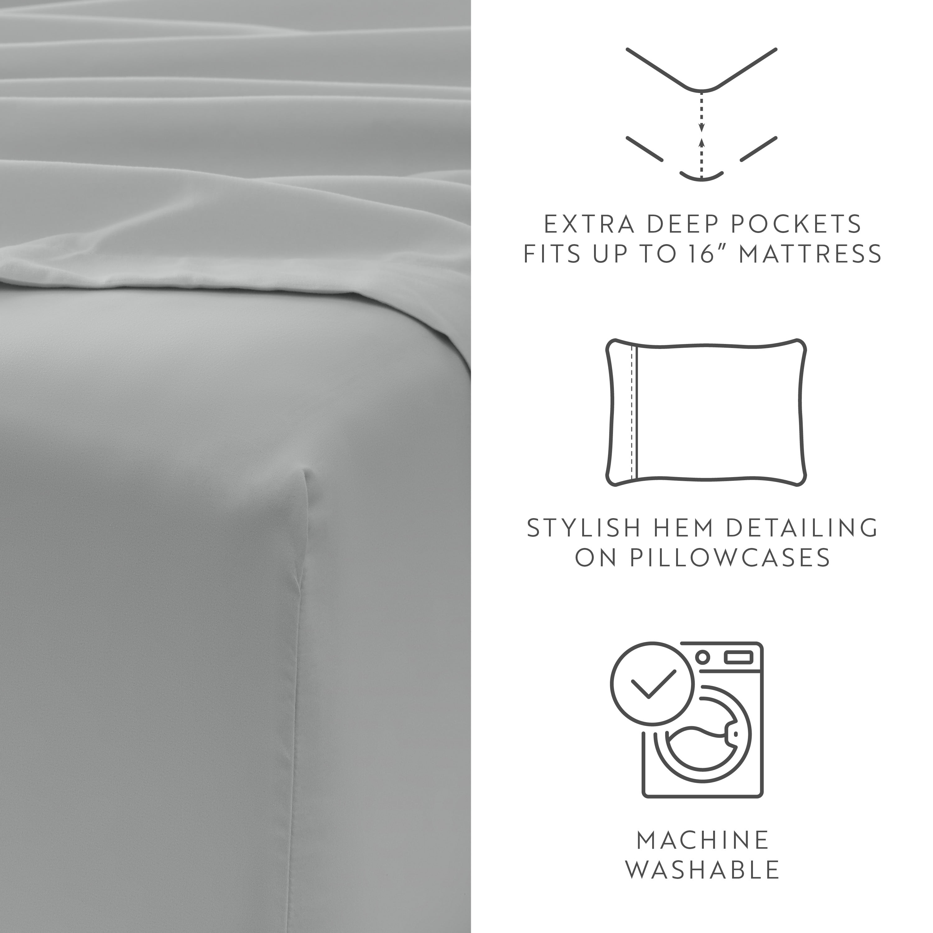 King, Light Gray Solid Microfiber 6 Piece Bed Sheet Set, by Noble Linens