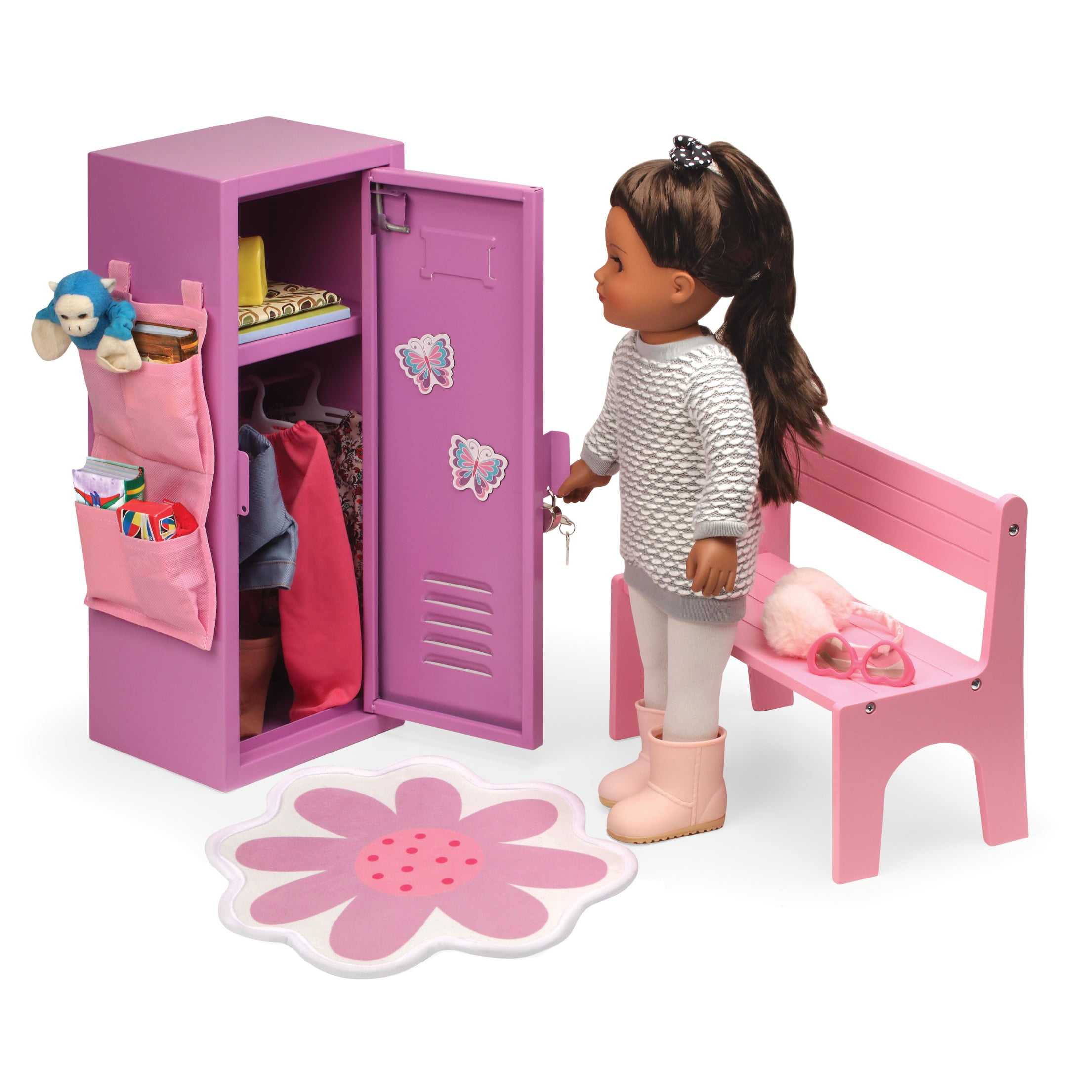 Badger Basket Doll Locker Set with Bench, Rug, and Accessories for 18 inch Dolls - Pink/Purple