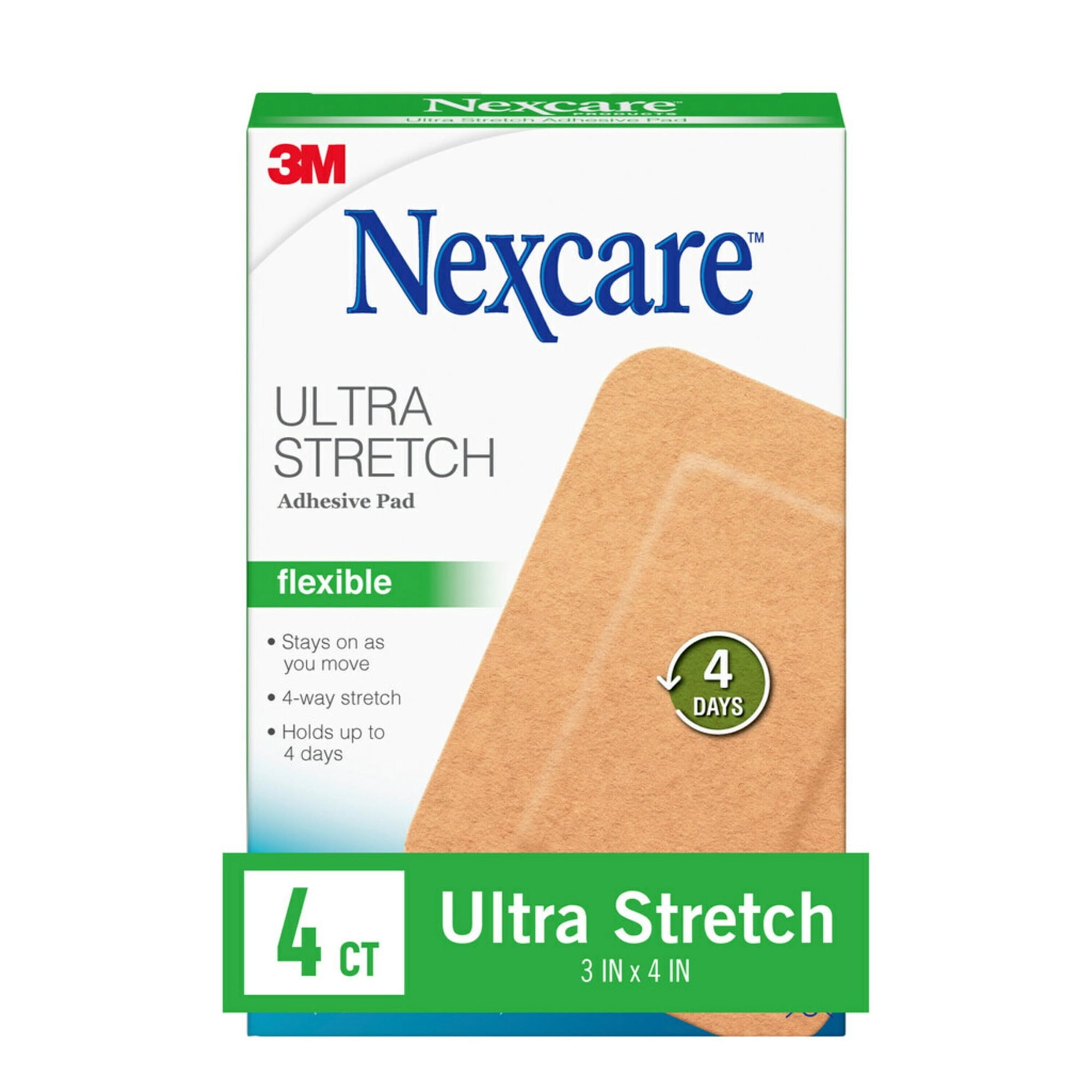 Nexcare Ultra Stretch Adhesive Pad, 3 in x 4 in, 4 Pads