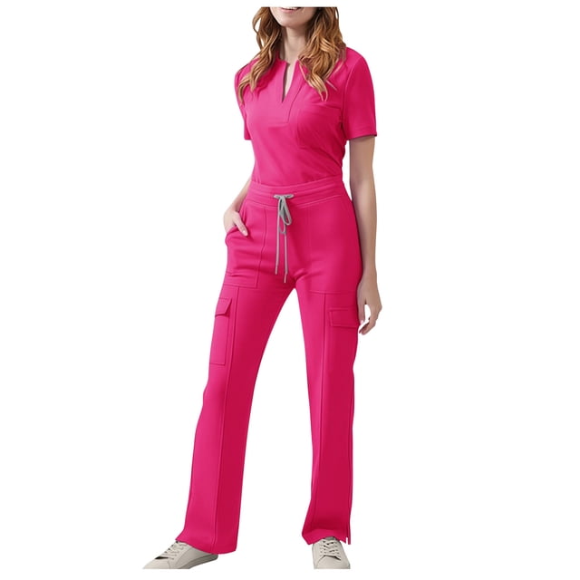 Women's Scrub Set, V-Neck Top and Drawstring Pants, Nursing Uniforms for Healthcare Workwear