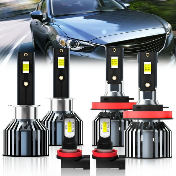 QIPEIZSP LED Headlight Bulbs Compatible With Mazda 6 2005-2008,H1 High Beam & H11/H8/H9 Low Low Beam H11/H8/H9 Fog Lights combo For Mazda 6,6500K White,Plug And Play,6 pack