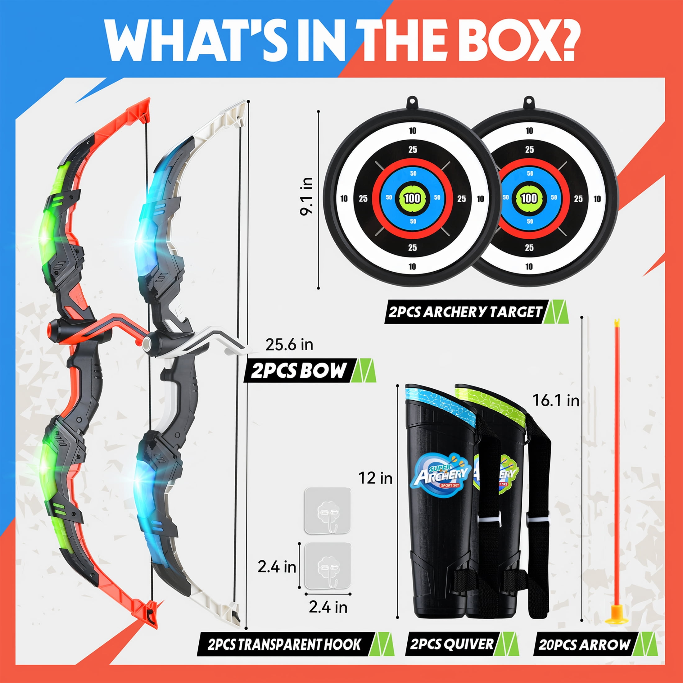 YCFUN 2 Pack Bow and Arrow Toy Set for Kids, Archery Toy Set with LED Lights and 20 Arrows, Outdoor Sport Toys for Kids Boys Girls 3-6 6-12 Years