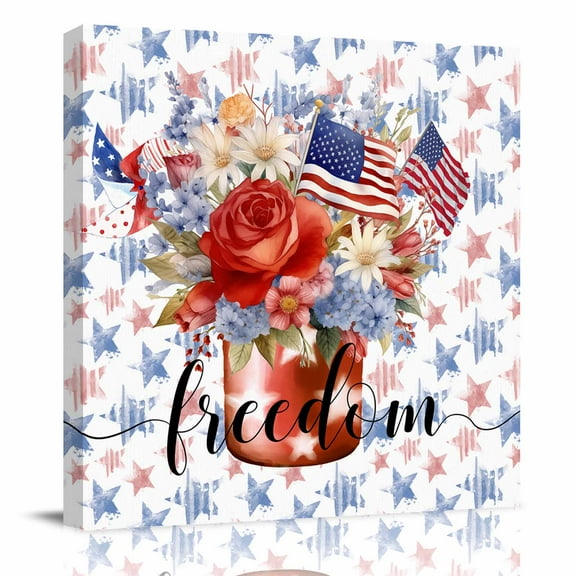 Canvas Print Wall Art Oil Paintings 4th of July Blossom Flower USA Flag Picture Prints Artwork for Living Room Kitchen Bathroom,Stretched and Framed Ready to Hang,Red Blue Patriotic Star on White