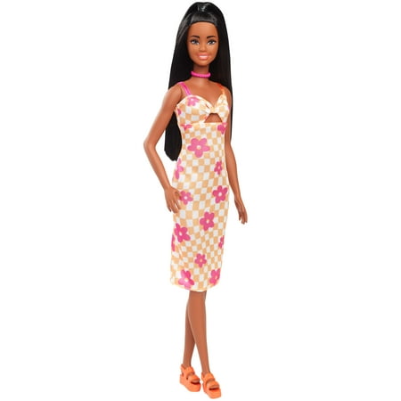 Barbie Fashionistas Doll #233 With Black Hair In Checkered Flower Midi Dress, Necklace And Sandals