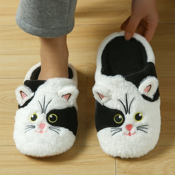 Women's Fluffy Plush Cat House Slippers Adorable Cartoon Kitten Face Closed Toe Warm Slip On Comfort Casual Winter Indoor Bedroom Footwear