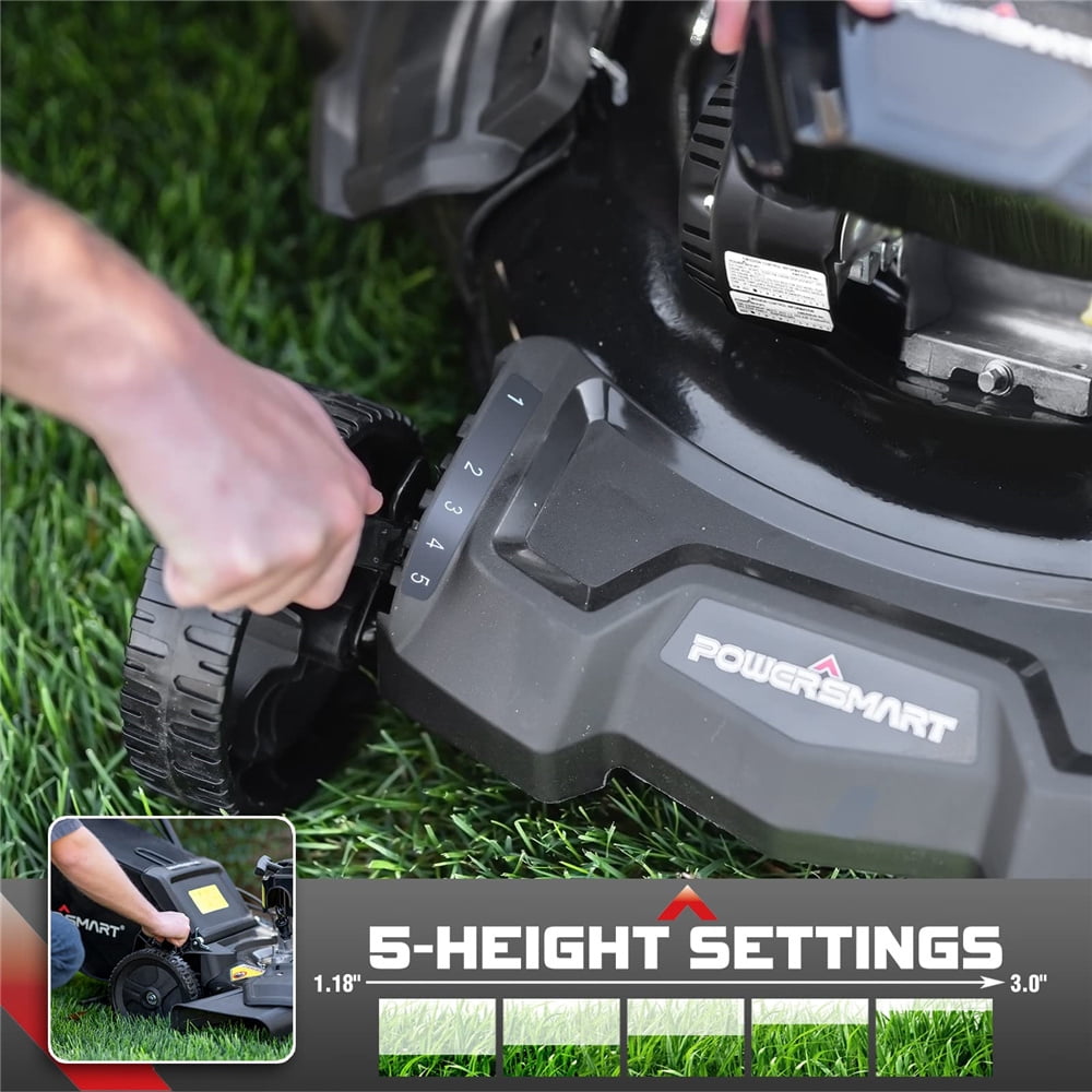 PowerSmart Gas Lawn Mower, 21 Inch 3-in-1 Push Mower, Walk-Behind 4-Stroke 209CC Engine Gas Powered Lawn Mower with Bag, 5 Adjustable Heights, Engine Oil Included, Black, LLL4750