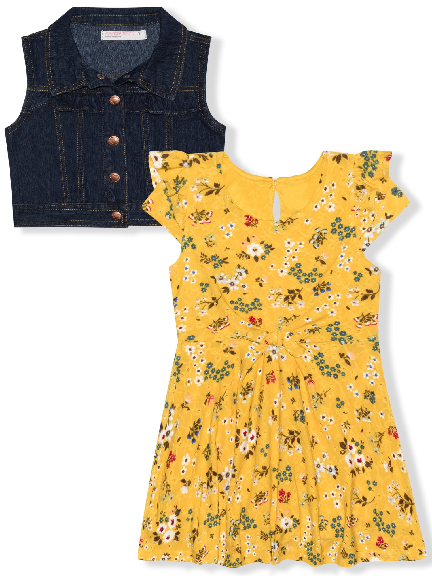 Yellow Eyelet Skater Dress with Denim Vest for Bahrain | Ubuy