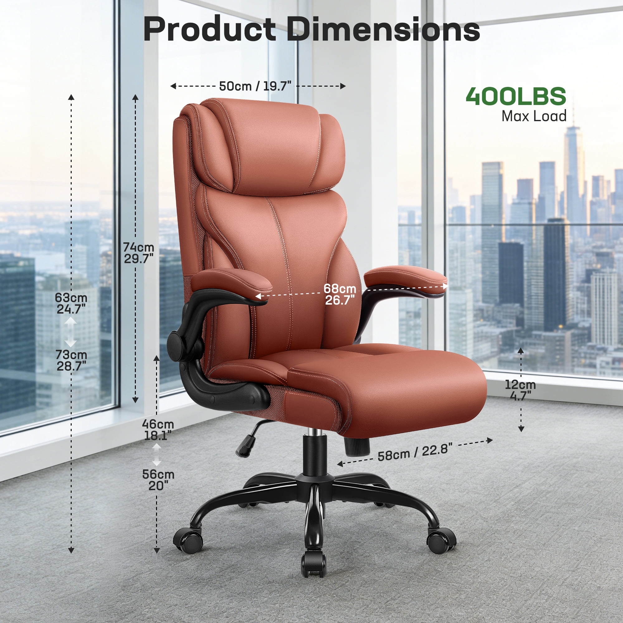 ATHOPE Leather Office Chair, Big and Tall Office Chair with Lumbar Support, High Back Executive Desk Chairs with Flip-up Armrest, Breathable PU Ergonomic Computer Chair, 360°Swivel Free, Brown