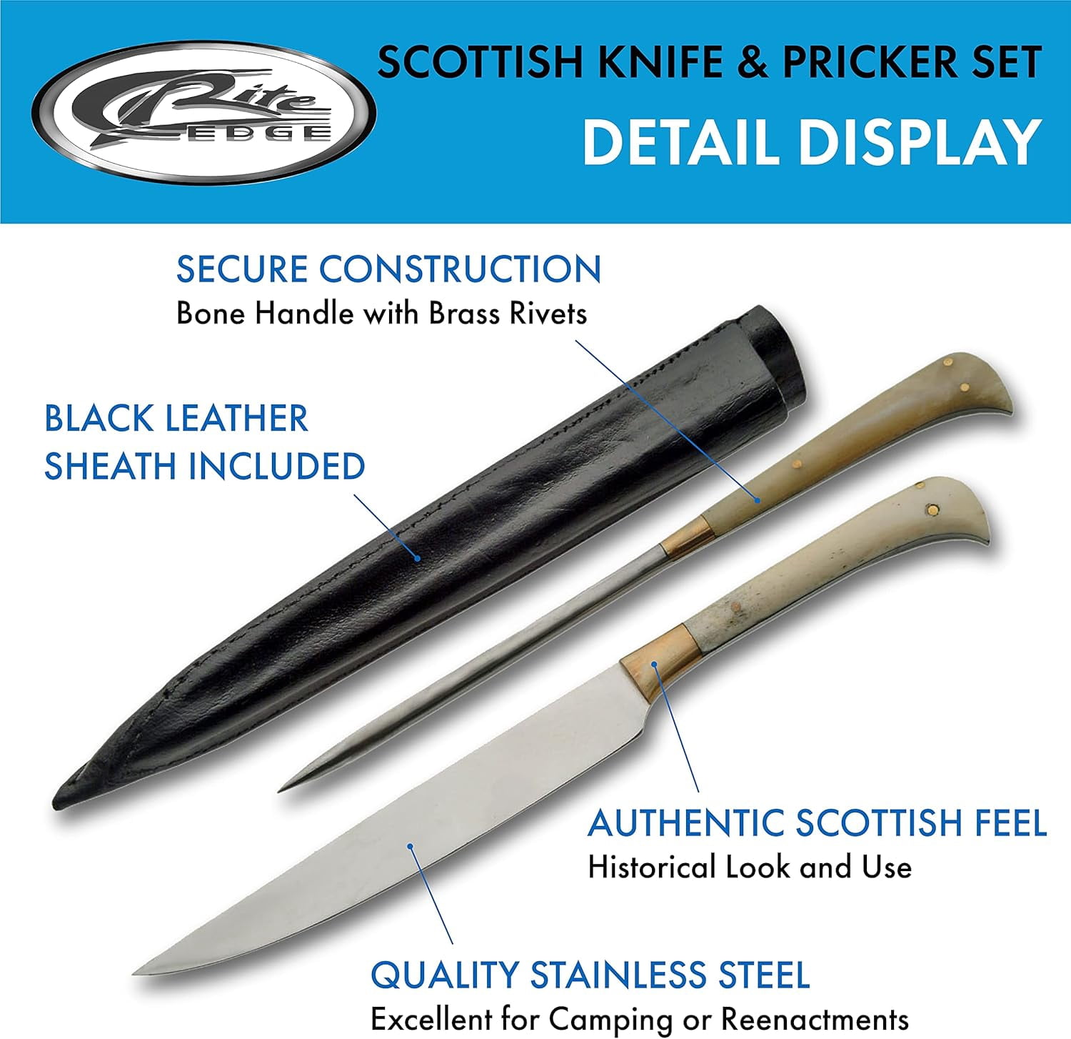 SZCO Supplies Scottish Knife and Pricker Set with Bone Handles, Brass Guards, and Sheath – 9.25" and 8.25"