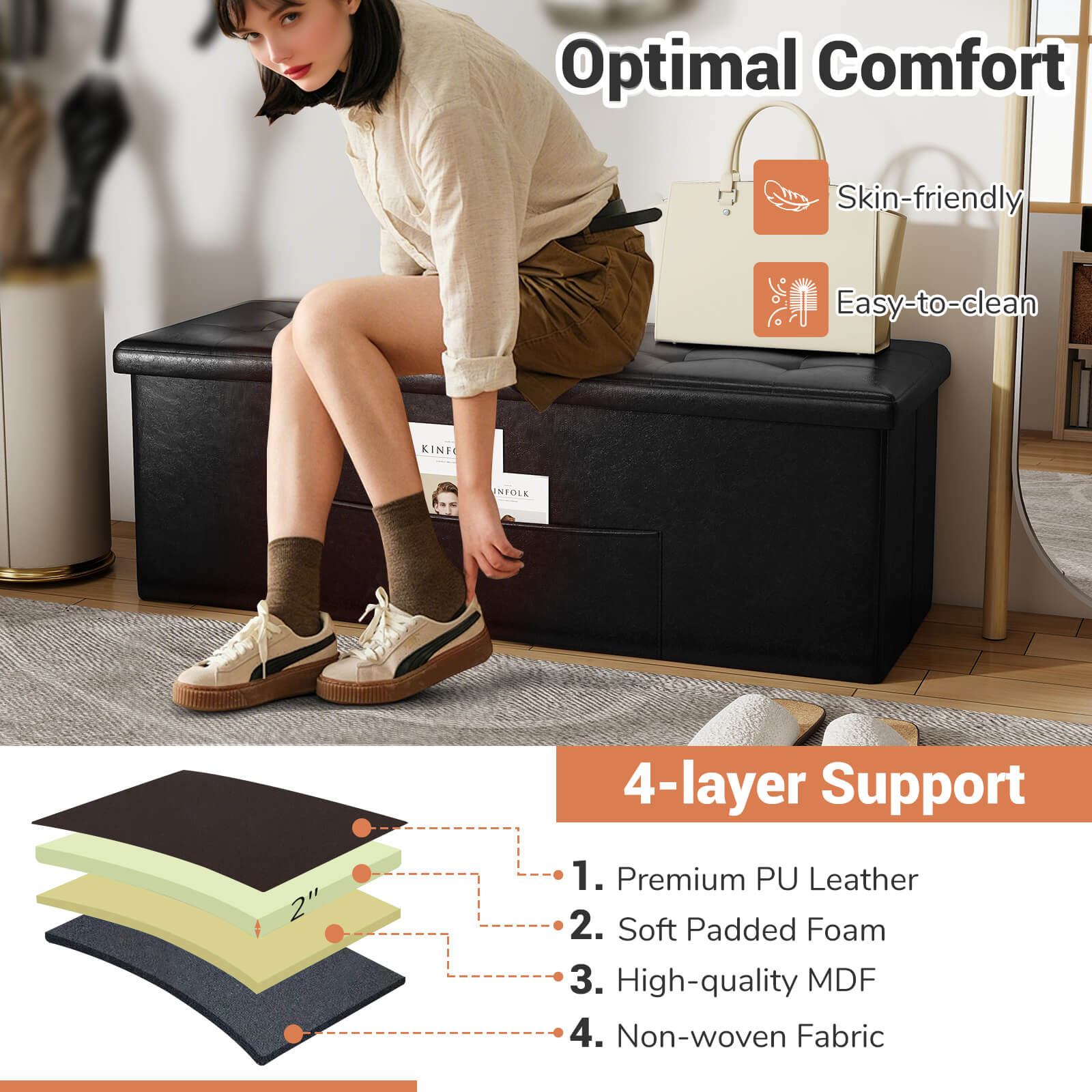 Costway Folding Storage Ottoman Bench, Black photo 5