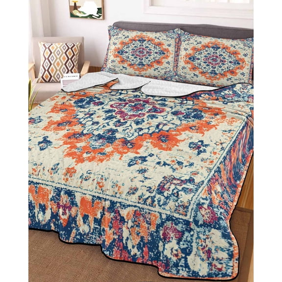 Boho Orange Blue King Size Down Alternative Comforter, Lightweight Comforter Quilt Bedding Set with Pillow Shams Ethnic Vintage Boho Geometric Art All Seasons Bed Comforter Duvet Insert 96"x106"