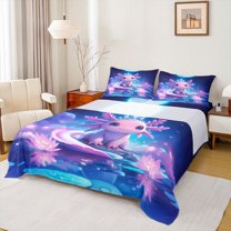 jejeloiu Cute Cartoon Axolotl Queen Sheet Sets,Pink Lotus Flowers Bed Set For Girls Kids 4pcs