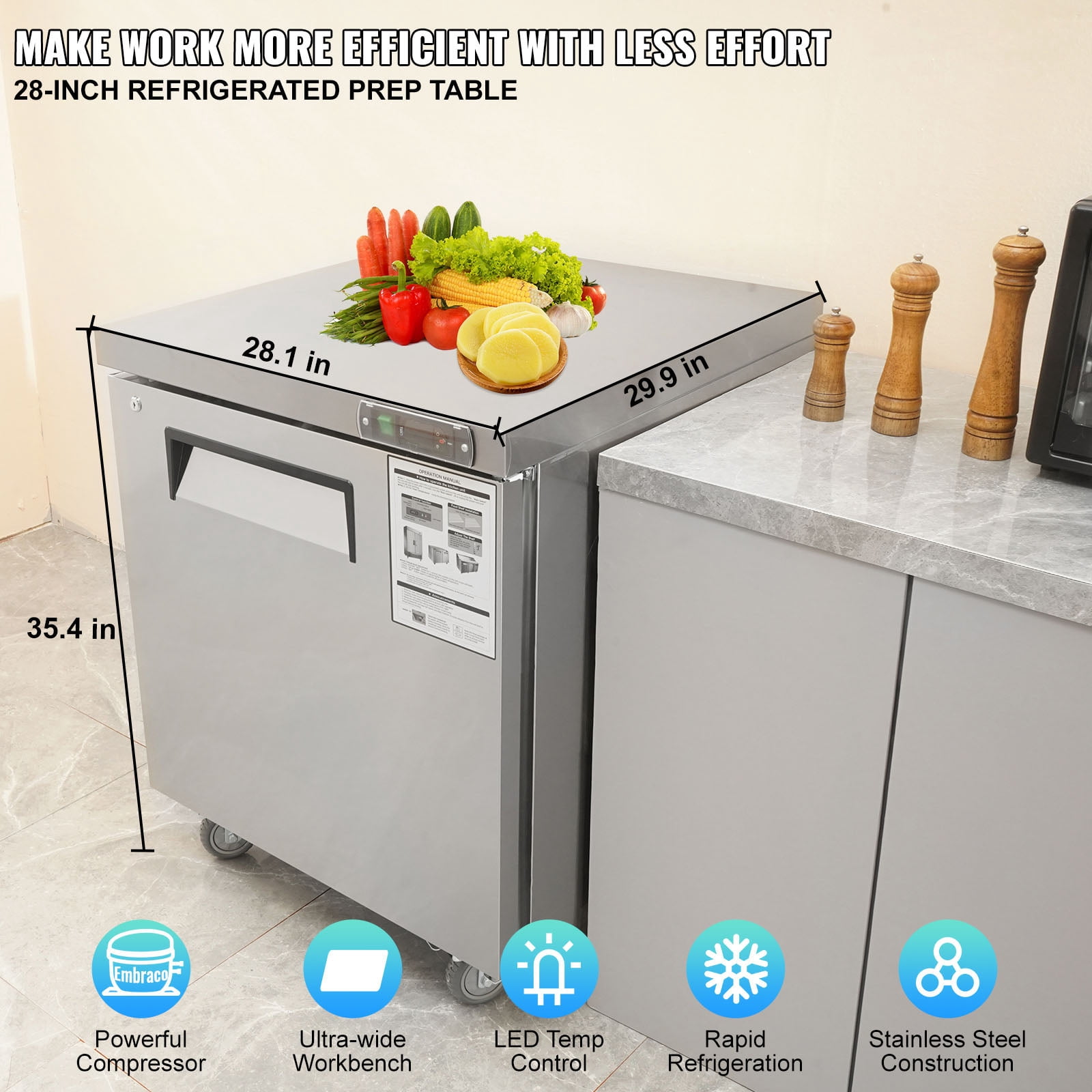 KFFKFF 28-inch Stainless Steel Undercounter Refrigerator, 7.4 Cu. Ft., with Fan Cooling and Lockable Door, Perfect for Kitchens and Bars