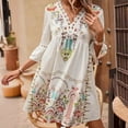 thumbnail image 4 of Blczomt 3/4 Sleeve Womens Holiday Dresses 2025 Casual Mini Graphic Beige A Line Loose Lace V Neck Dresses, 4 of 6
