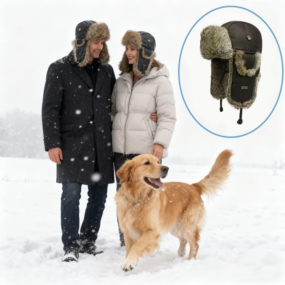 Winter Trapper Hat,Faux Rabbit Fur Knit Sheepskin Russian Trooper Aviator Hats Hunting Ski Ushanka Hat with Ear Flaps
