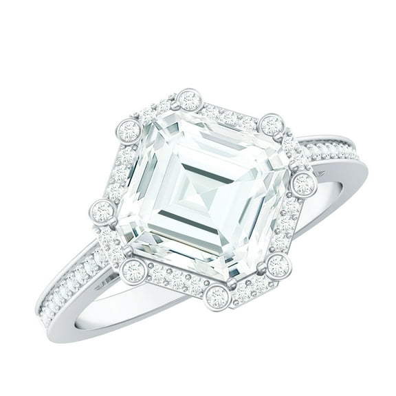 Rosec Jewels Moissanite Engagement Ring with Halo - Art Deco Ring (3 Carat, 8 mm Asscher Cut, D-VS1 Quality), 925 Sterling Silver, US 4.00