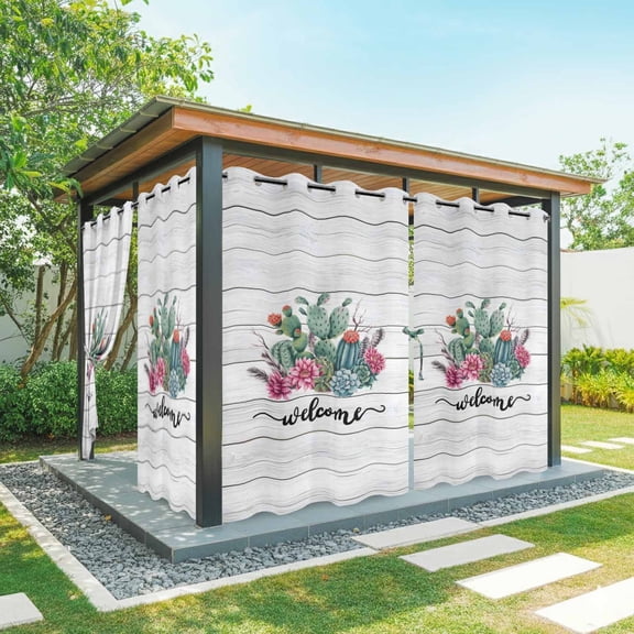 Outdoor Curtains for Patio Waterproof, Summer Tropical Plants Outdoor Privacy Panels Grommet, Farmhouse Cactus Wooden Grain Blackout Outside Curtains for Porch/Cabana/Pergola/Gazebo 54"x95", 2 Panels