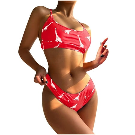 

VKEKIEO Two-Piece Sets Swimsuit Sport Bra Style Back-Smoothing Red S