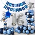 thumbnail image 2 of Decoraciones para fiesta de cumpleaños número 16 de YANSION, pancarta azul marino y plateada con la frase "Happy 16th Birthday" y globos azul plateado metálico, globos con el número 16, 2 of 7