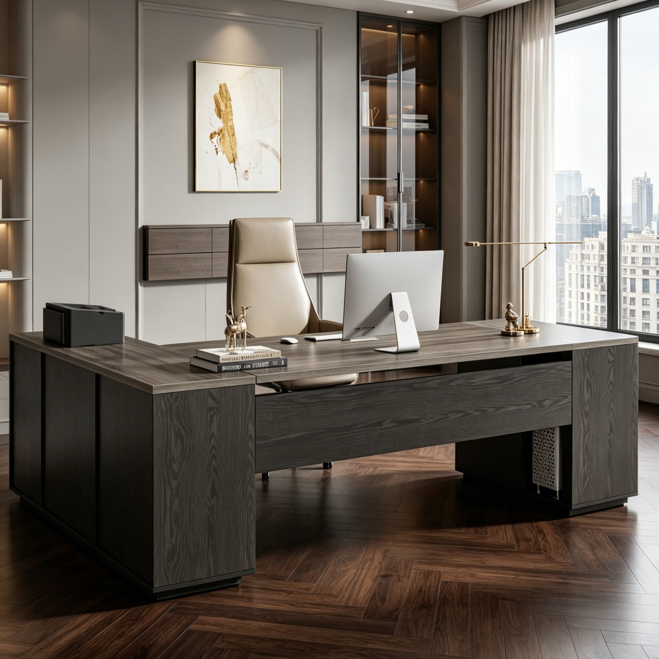 Fnova 85" L-Shaped Executive Desk with Storage Drawers, Modern Office Desk with Adjustable Shelves & File Cabinet, Extra Long Corner Computer Desk for Home Office
