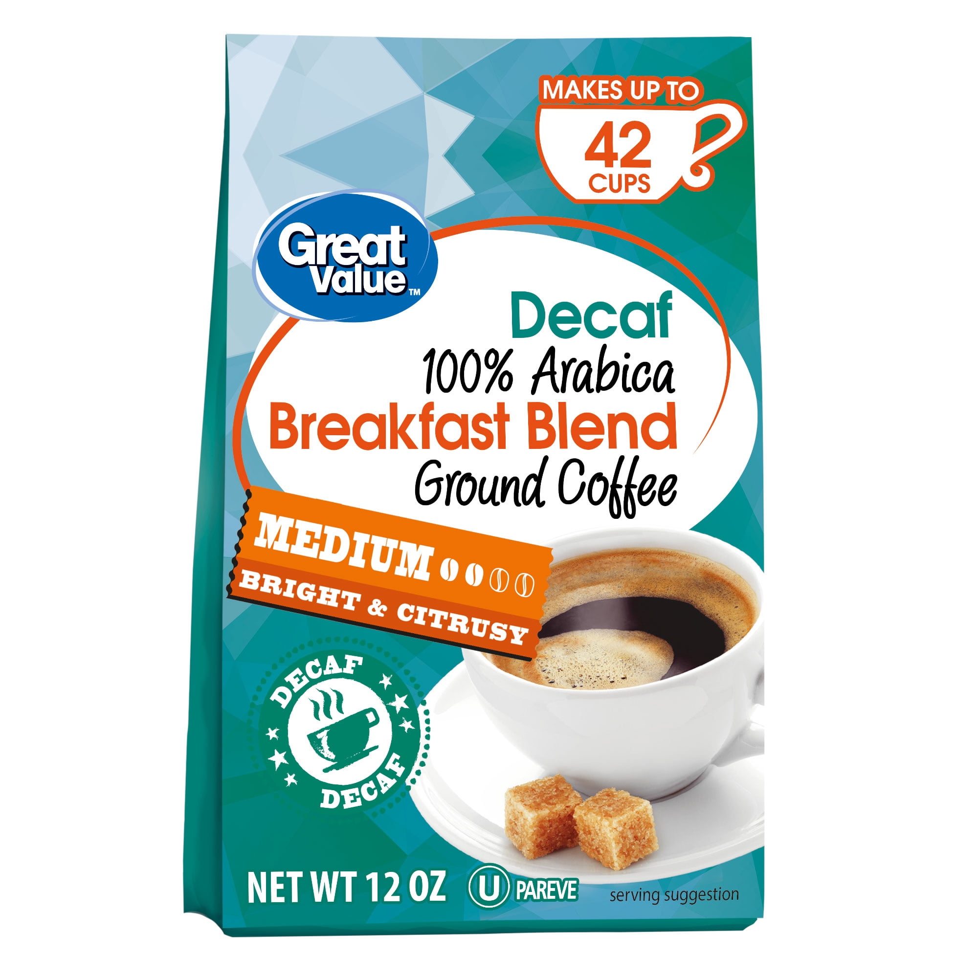 Great Value 100 Arabica Breakfast Blend Light Decaf Ground Coffee, 12