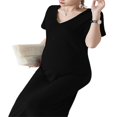 thumbnail image 2 of Robe Femme Enceinte Couleur Unie Col en V Manches Courtes Robe Midi Été Décontractée Robe de Maternité, 2 of 5