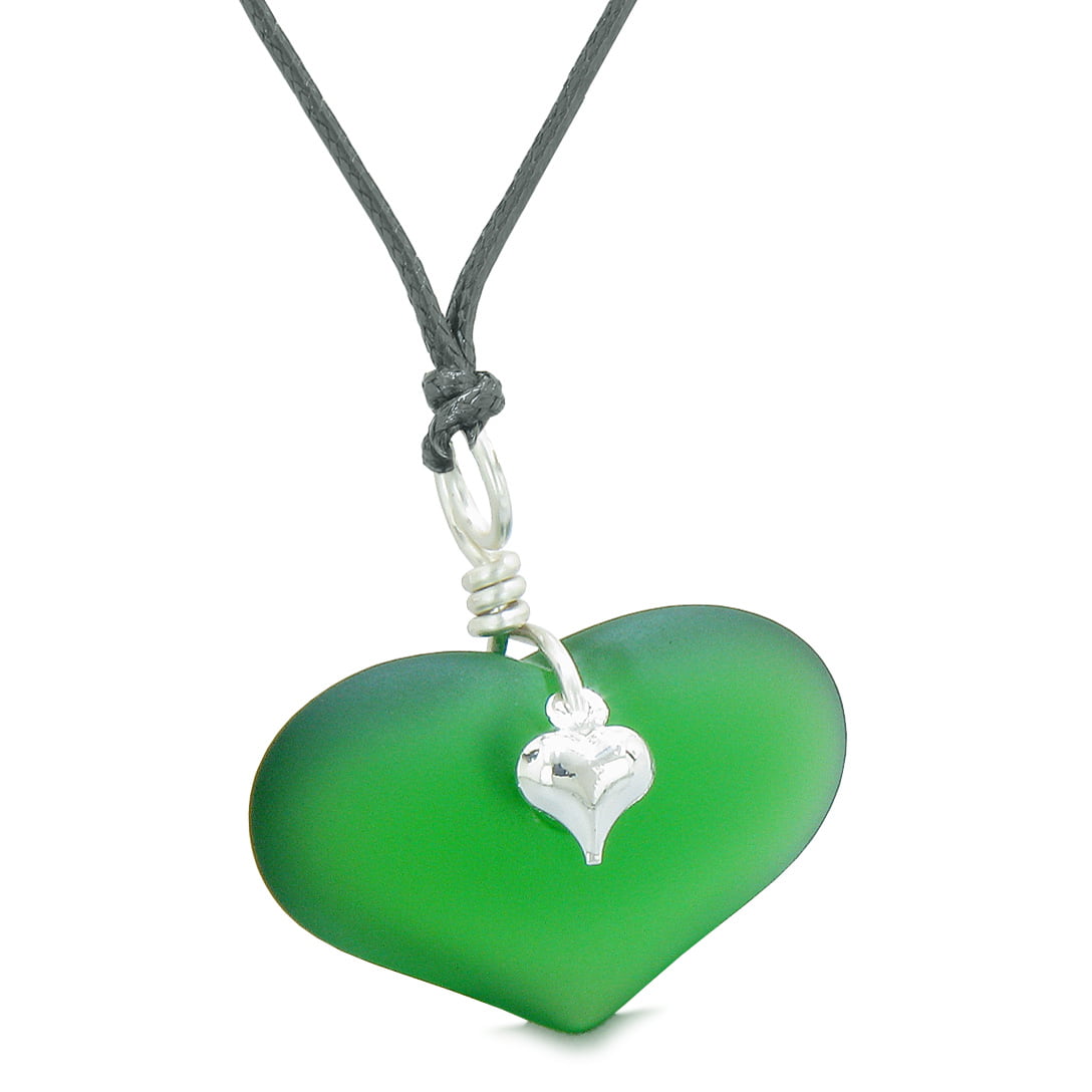 Cute Puffy Heart Sea Glass Positive Energy and Love Powers Amulet Forest Green Charm 22 Inch Necklace 