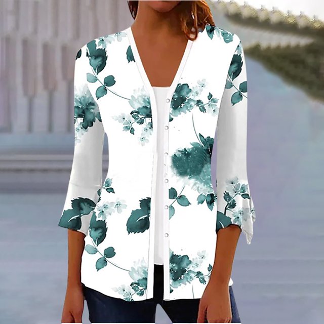 LOVZFMLL Cardigan pour Femmes Mode Été Manches 3/4 Cardigan Blouse Décontractée
