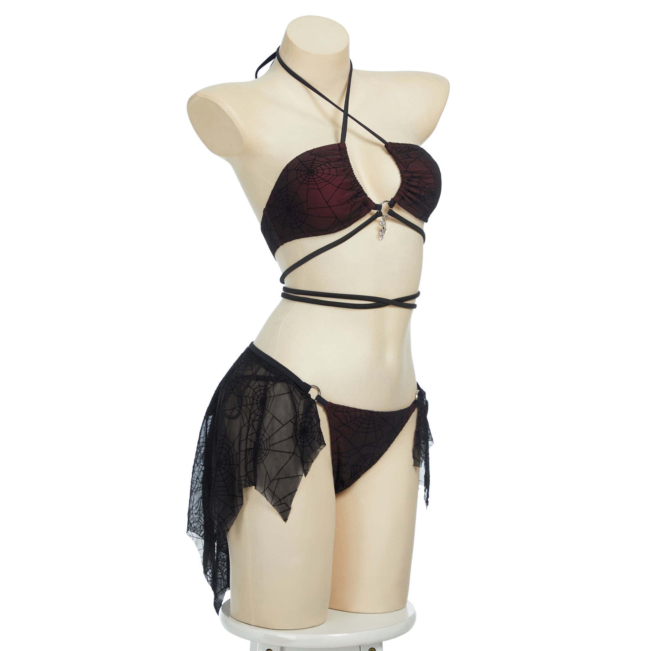 Goth Bikini Sets for Women Spider Web Pattern Swimsuit Two Piece Bathing Suit, Dark Red, M - image 3