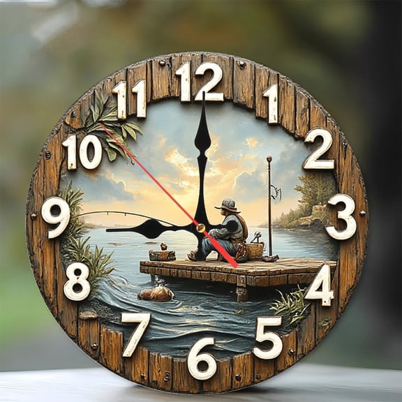 Rustic Wooden Fisherman Clock Wall Art 10-Inch Silent Wooden Wall Clock, Battery Operated (AA Batteries Not Included), Artistic Home Decor