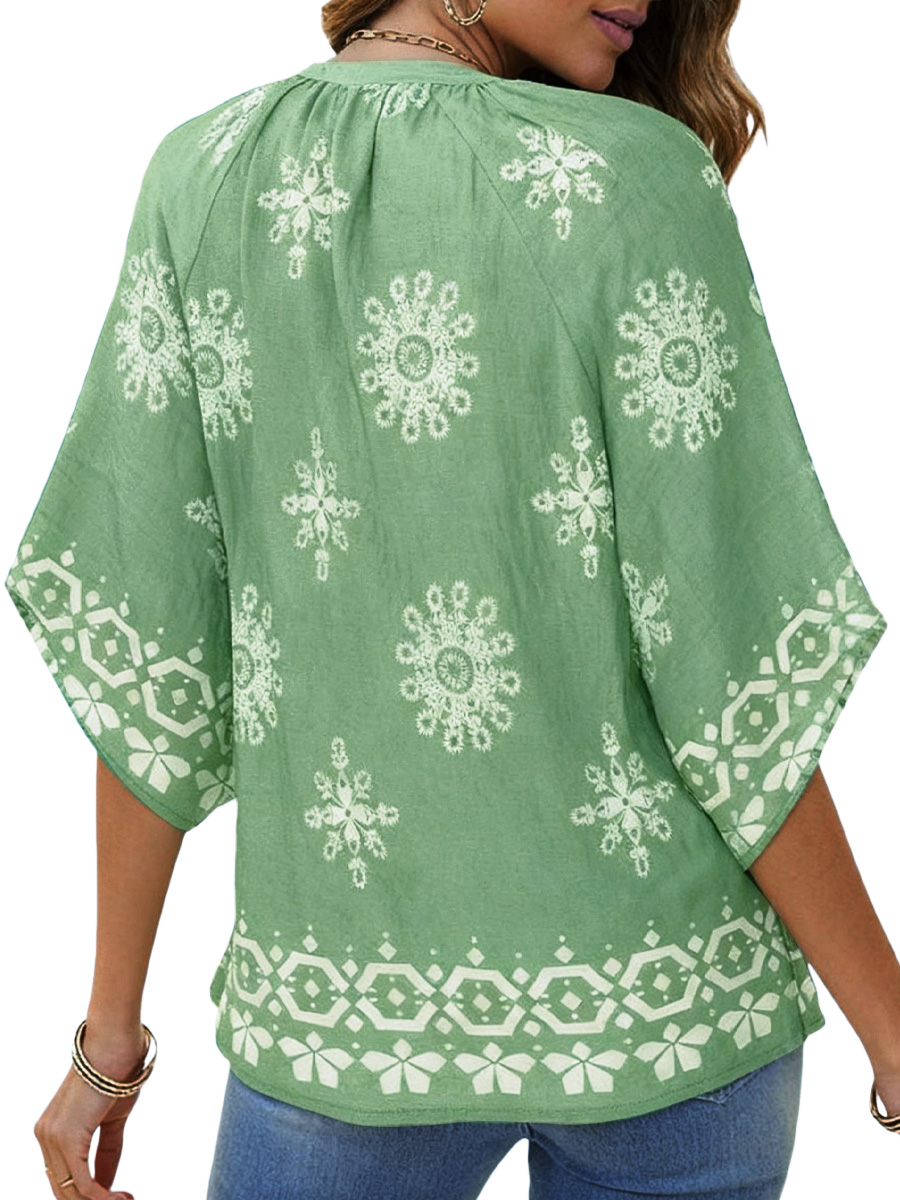 UVN Women's Bohemian Floral Bell Sleeve Blouse, Green photo 3