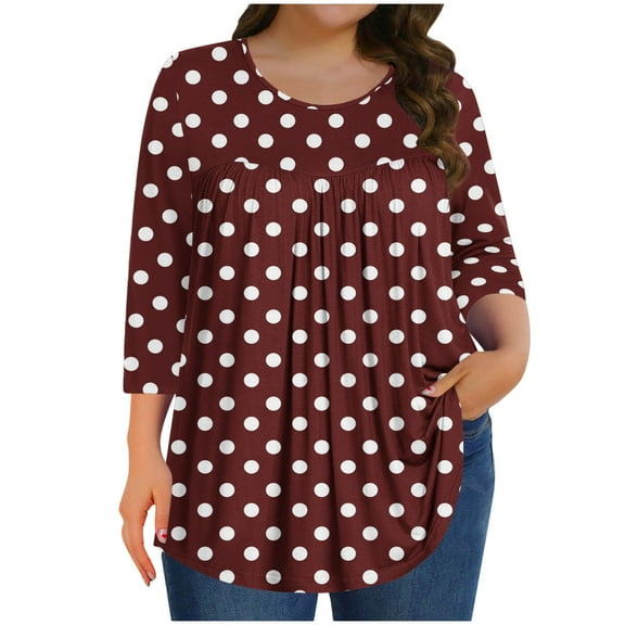 Besolor Womens 3/4 Length Sleeve Tops Polka Dots Crewneck Dressy Blouses Pleated Casual Plus Size Tunic Shirts