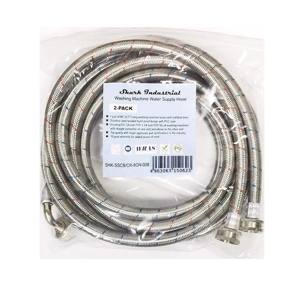 2-Pack Premium Stainless Steel Washing Machine Hoses - 8 FT No-Lead Burst Proof Red and Blue Lined Water Inlet Supply Lines - Universal 90 Degree Elbow Connection