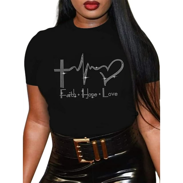 Camiseta Qyz-Top Faith Hope Love Rhinestone Bling Black S