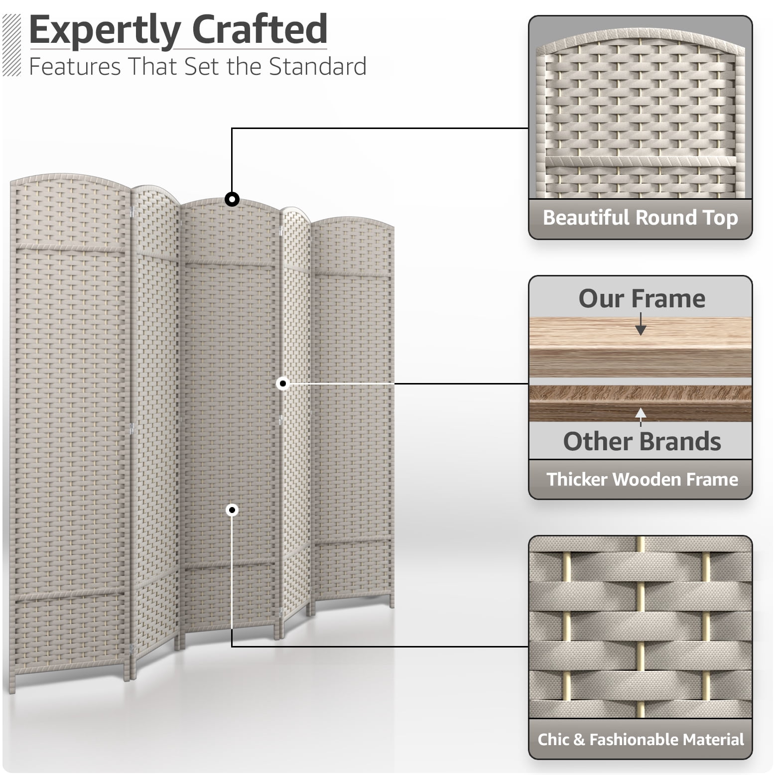 Sorbus 5-Panel Wide Folding Room Divider Privacy Screen, Hand-Woven Beige Mesh