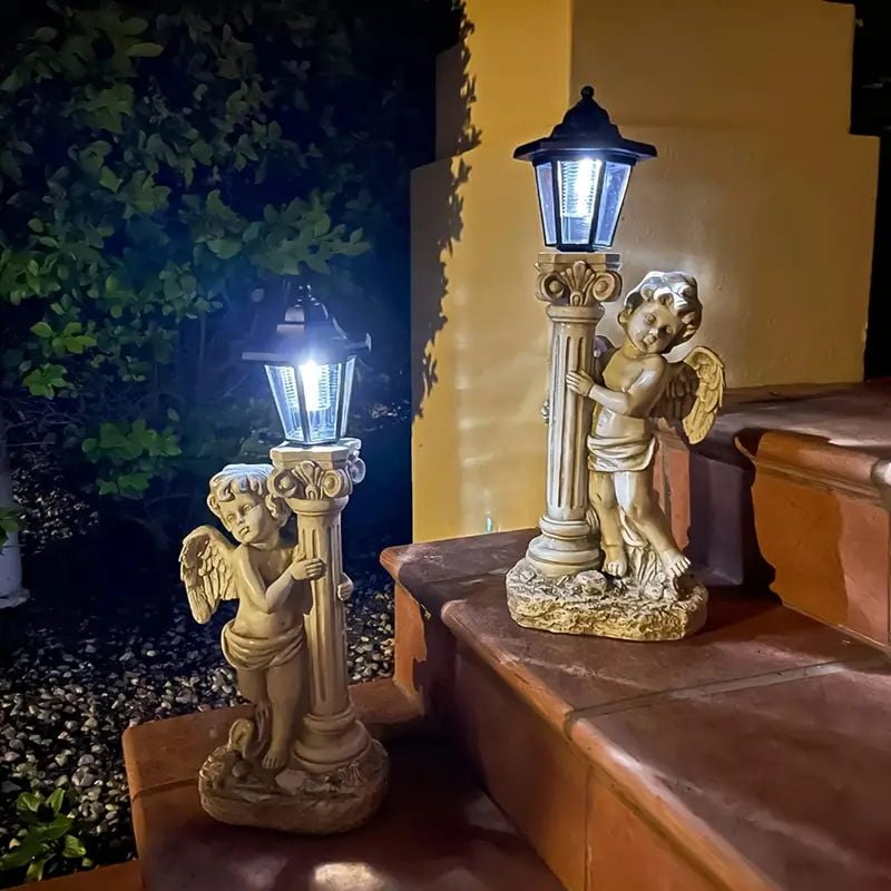 19.7 Inch Sunlight Angel Sculpture, Roman Pillar Angel Garden Statue, Outdoor Solar Path Light Garden Landscape Decoration (Right, Left)