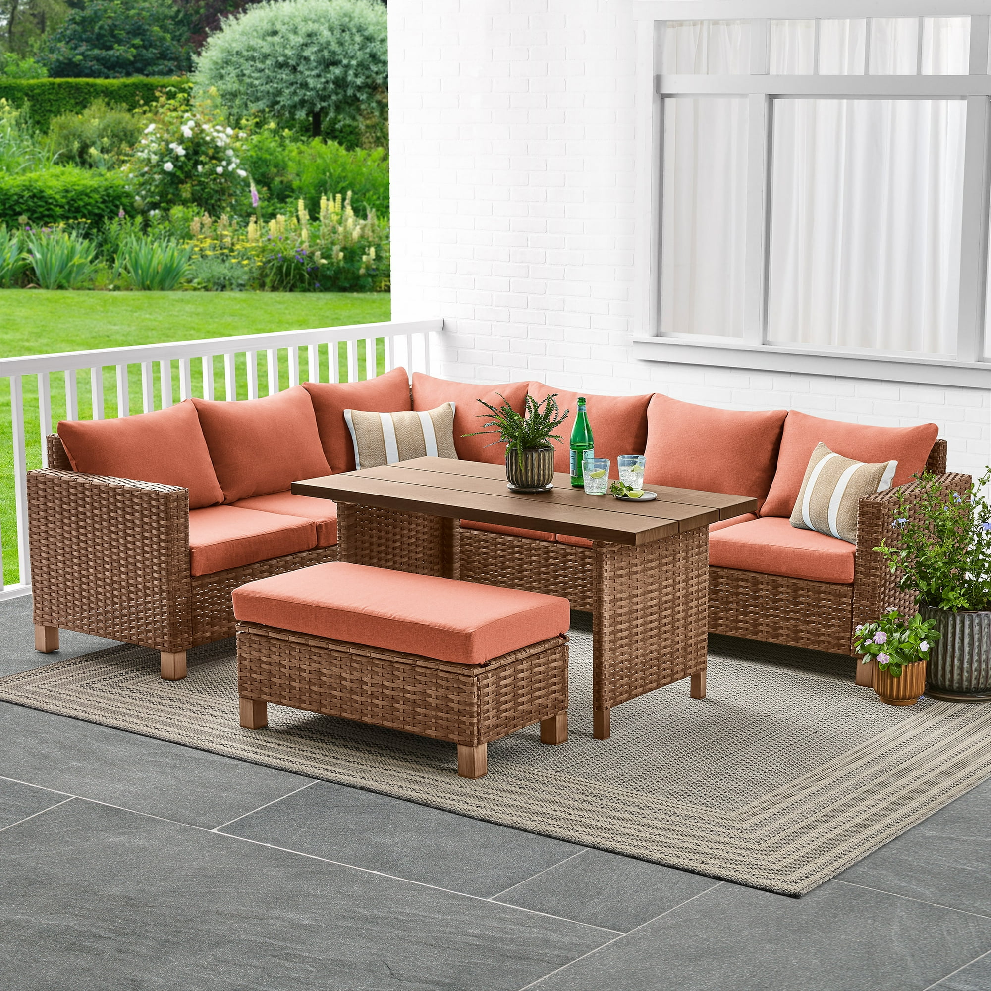 Better Homes & Gardens Brookbury 4-Piece Outdoor Wicker Patio Sectional Dining Set, Terracotta Cushions