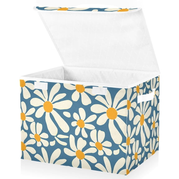 Yayeee Collapsible Cube Storage Bin with Lid Fabric Closet Decorative Basket with Handles, Whimsy Daisy Pattern