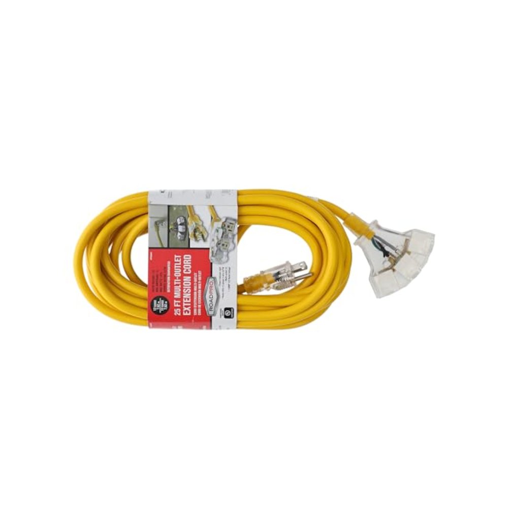 RoadPro 25FT Multi-Outlet Extension Cord RPBAD001 Heavy-Duty 12-gauge 3-wire SJTW Power Cable for Indoor Outdoor