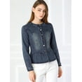thumbnail image 3 of Chaqueta de mezclilla con cuello redondo y botones de manga larga con volante recortado y peplum para mujer Azul marino XS, 3 of 6