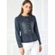 thumbnail image 3 of Chaqueta de mezclilla con cuello redondo y botones de manga larga con volante recortado y peplum para mujer Azul marino S, 3 of 6