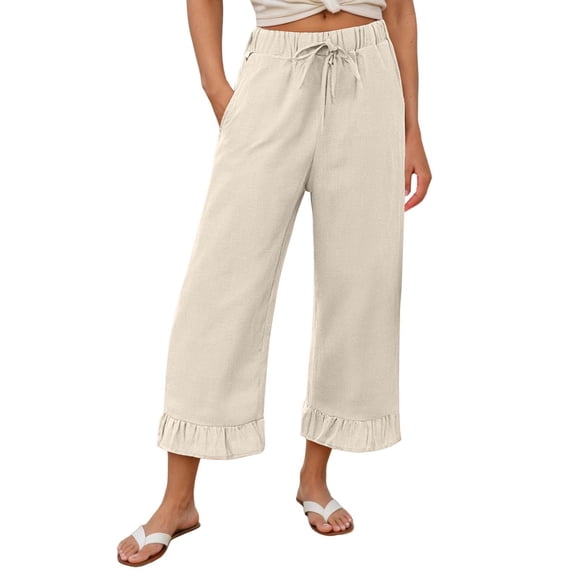 Angala Ladies Casual Pants Linen Solid High Elastic Waist Cropped Pants Wide Leg Boho Beach Ladies Trousers Size L Beige