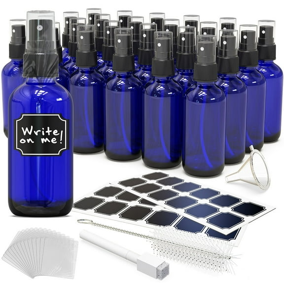 Nevlers 4 oz Cobalt Blue Spray Bottles (Set of 24) | Includes Funnel, Brush and Marker