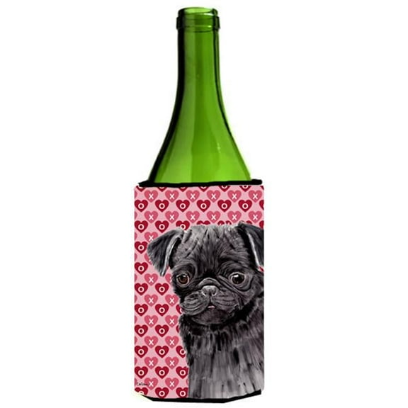 Pug Black Hearts Love and Valentines Day Portrait Wine bottle sleeve Hugger 24 oz.