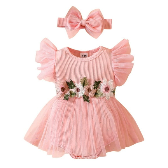 WIBACKER 0-18M Infant Baby Girl Summer One-piece Outfit Ruffles Sleeve Flower Waist Romper Dress with Headband for Toddler